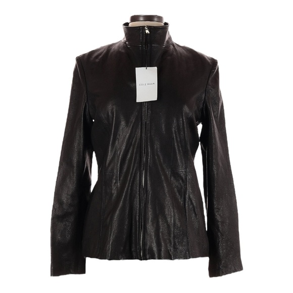 Cole Haan $498 Genuine Leather Moto Jacket L NWT Black Gold Zip Sleek Tailored - Picture 1 of 11